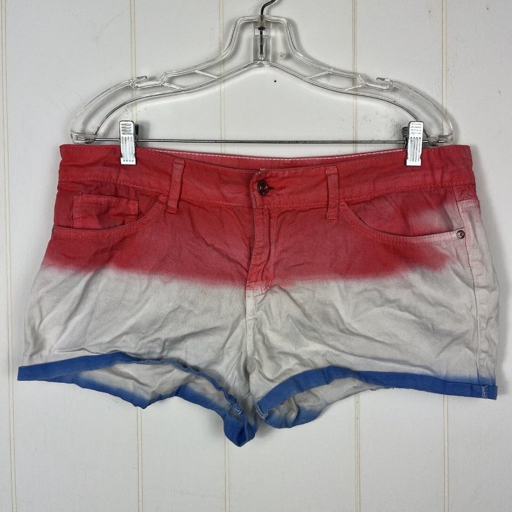 LEI Ashley Women Juniors Denim Shorts 13 38x2 Mid Rise Red White Blue Booty Cuff